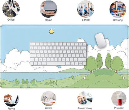Cute Anime Desk Mat Kawaii Mousepad, Anime Street Aesthetics Desk Pad XXL, Japanese/Korean Lo-fi Drawing, Cute Green Blue Nature Mouse Pad Computer Keyboard Mat, Office Desk Pad Protector