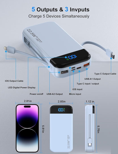 Portable Charger Power Bank 32000mAh with Built in Cables, PD3.0 USB C Fast Phone Charger, 5 Outputs LCD Display Travel Battery Pack Compatible with iPhone, Samsung All Cell Phones (Blue)