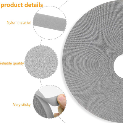 Reusable Fastening Tape Cable Ties 3/4 Inch Double Side Hook Roll (25 Yard, Grey)