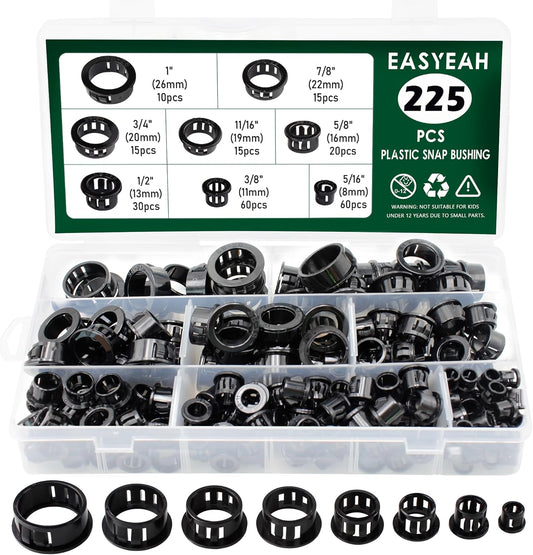 225 Pcs 8 Sizes Cable Snap-in Knockout Insulating Bushing Grommets Assortment Kit, 5/16, 3/8, 1/2, 5/8, 11/16, 3/4, 7/8, 1 Black Nylon Plastic Hole Grommets for Wiring, Cord Hose & Tubing