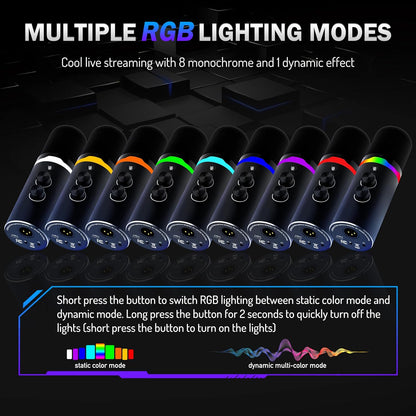 JUOPIEA XLR/USB Gaming Microphone Kit, Dynamic Mic for Podcasting Streaming, PC Microphone with Boom Arm Stand, RGB Light, Mute Button and Headphone Jack, for Recording, Vocal, Voice-Over