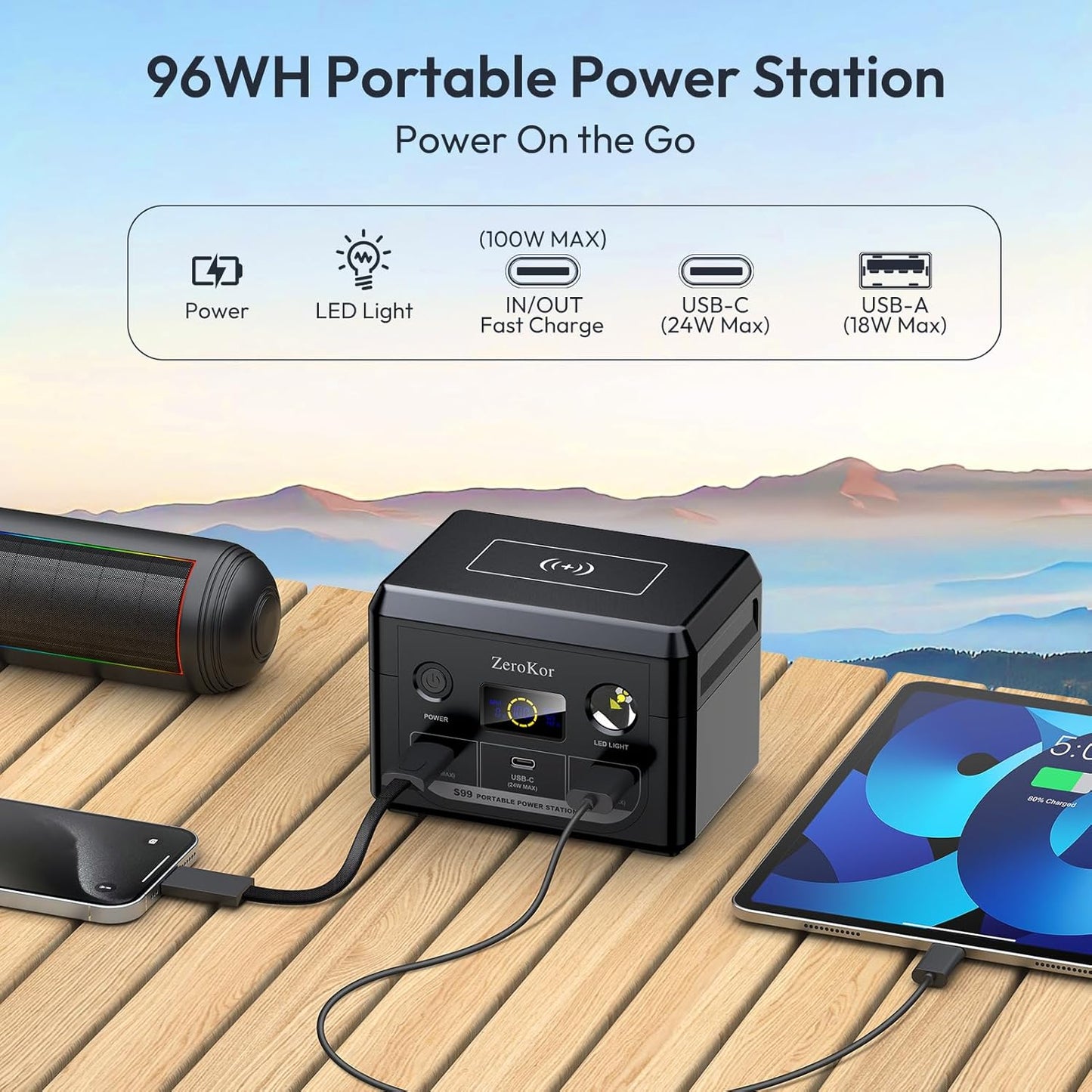 100W Portable Power Station, 96Wh Small Generator 30000mAh LiFePO4 Battery with USB C Fast Charging for Laptop, Outdoor Camping Portable Power bank For RV Home Office Emergency Power Supply