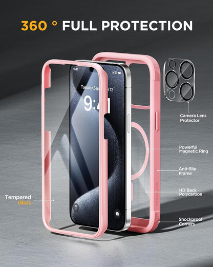 Miracase Magnetic for iPhone 15 Pro Max Case 6.7'' [Compatible with Magsafe] Full-Body Military Drop Proof for iPhone 15 ProMax Case with Built-in 9H Tempered Glass Screen Protector,Pink