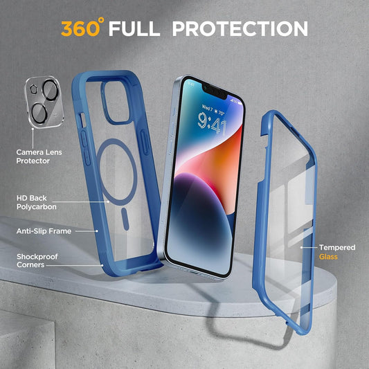 Miracase Magnetic for iPhone 14 Case 6.1", [Built-in Tempered Glass Screen Protector + Lens Protector] [Compatible with MagSafe] Full-Body Protective Bumper 14 Phone Cover, Blue