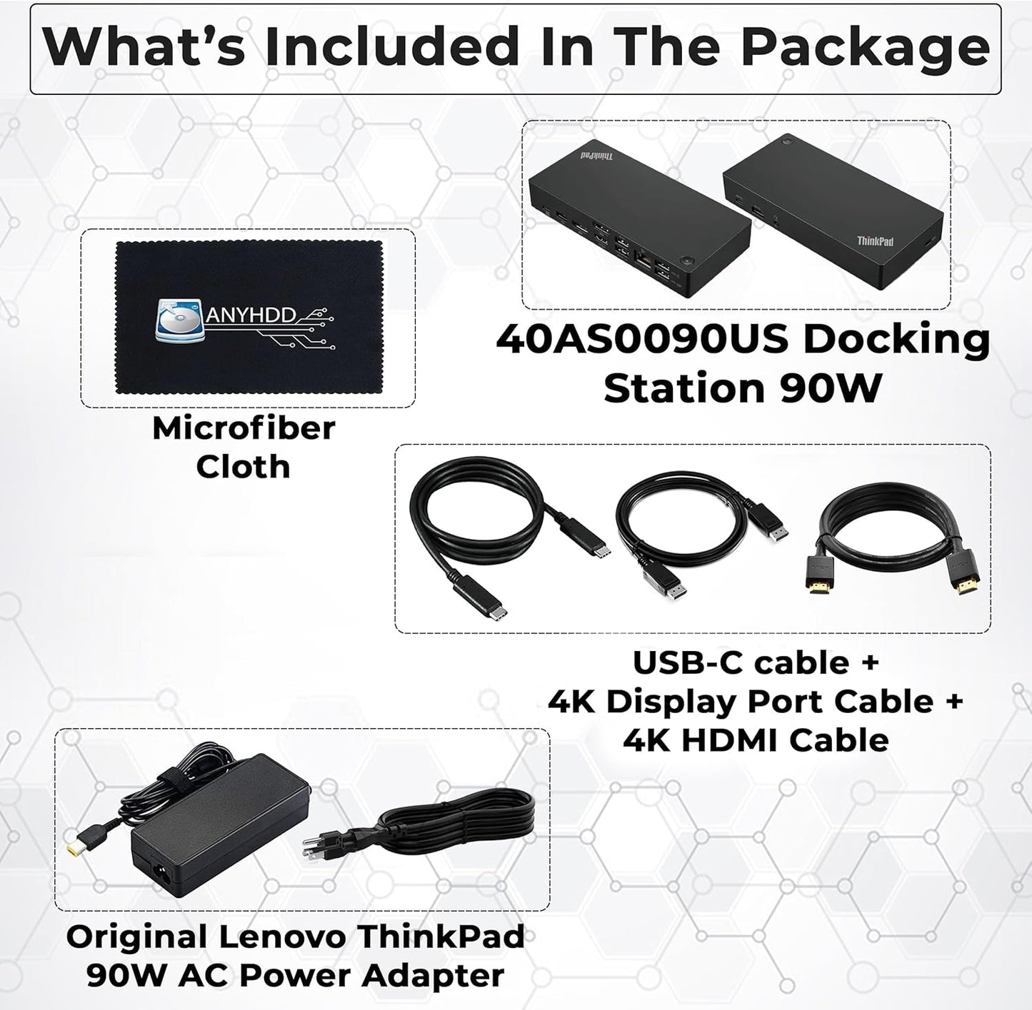 Lenovo 40AS0090USThinkpad Docking Station - Supports 4K Display, 1 Year Warranty, USB C Gen 2 Dock with 90W Adapter + 4K HDMI Cable + USB-C Cable + 4K DisplayPort Cable + Microfiber Cloth (Renewed)