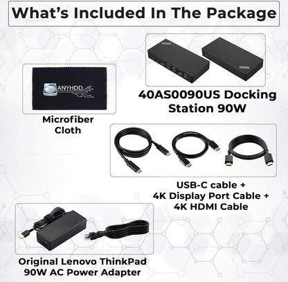 Lenovo 40AS0090USThinkpad Docking Station - Supports 4K Display, 1 Year Warranty, USB C Gen 2 Dock with 90W Adapter + 4K HDMI Cable + USB-C Cable + 4K DisplayPort Cable + Microfiber Cloth (Renewed)