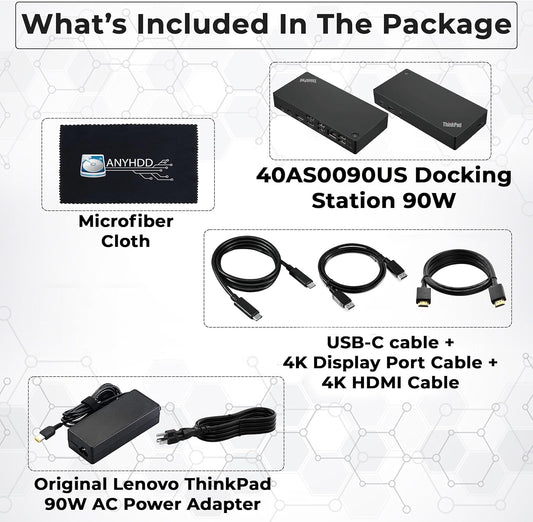 Lenovo 40AS0090USThinkpad Docking Station - Supports 4K Display, 1 Year Warranty, USB C Gen 2 Dock with 90W Adapter + 4K HDMI Cable + USB-C Cable + 4K DisplayPort Cable + Microfiber Cloth (Renewed)