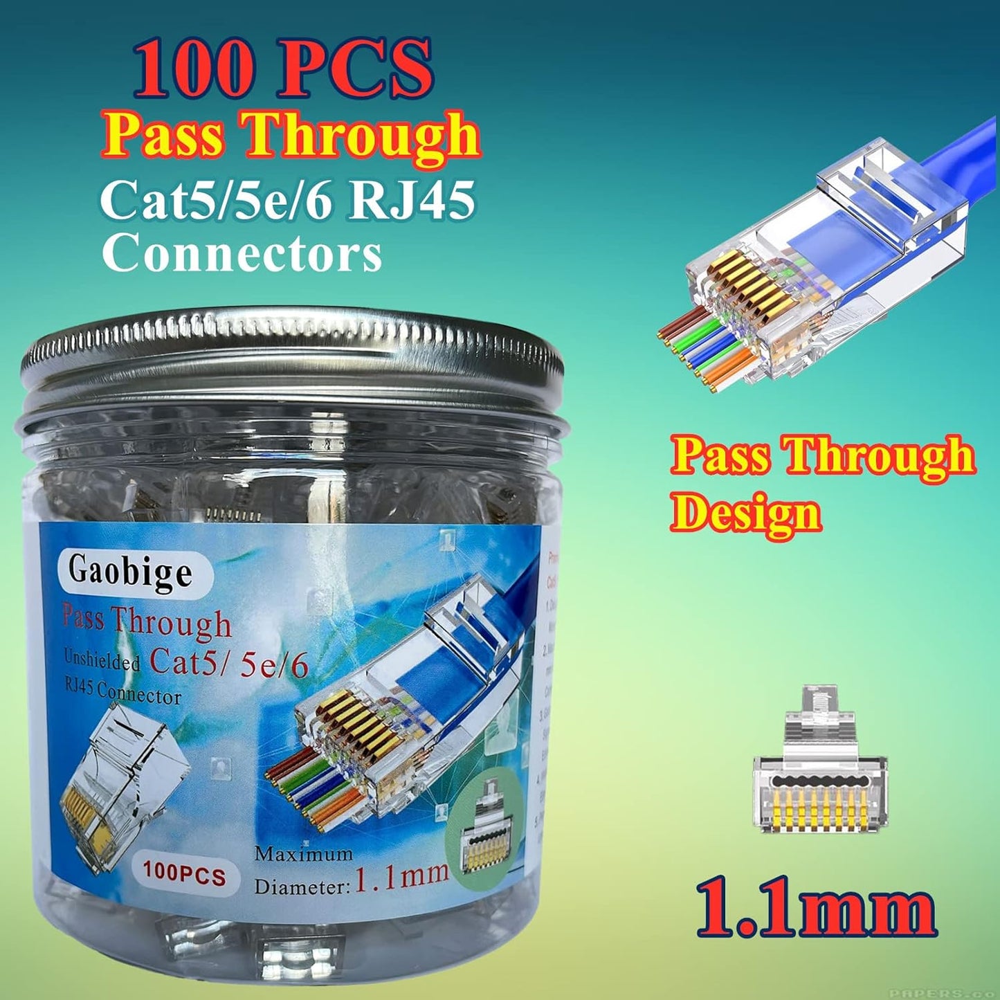 100-PACK Cat5 Cat5e Cat6 RJ45 Pass Through Connectors Ends, 1.1mm Unshielded Connectors for Solid Wire and Standard Cable