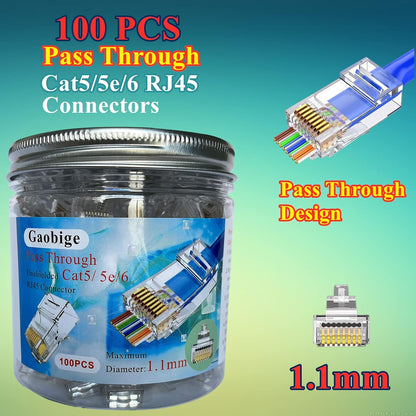 100-PACK Cat5 Cat5e Cat6 RJ45 Pass Through Connectors Ends, 1.1mm Unshielded Connectors for Solid Wire and Standard Cable