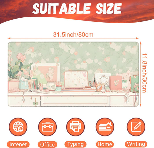 Desk Pad, Kawaii Anime Style Desk Mat, Green Cute Desktop Large Gaming Mouse Pad for Desk, 31.5"x15.7" Extended Big Computer Keyboard Mouse Pad with Non-Slip Base and Stitched Edge