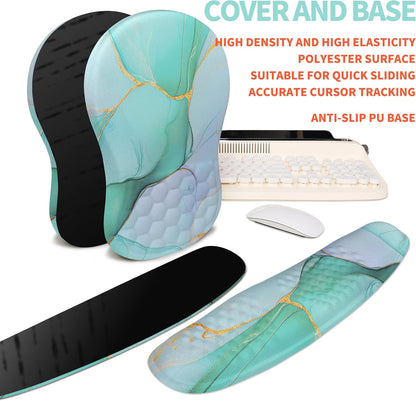 2-in-1 Ergonomic Set, Wave Rise Keyboard Wrist Rest and Massage Bulge Slope Mouse Pad Wrist Support, Cushion Memory Foam Integrated to Relieve Wrist Pain, Blue Gold Marble