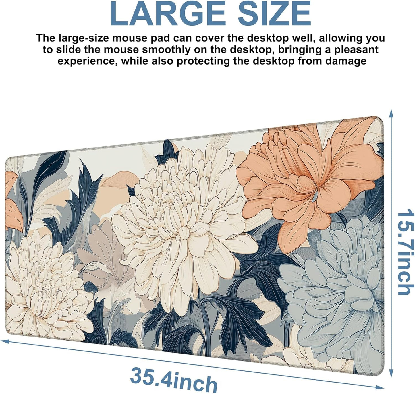 Beautiful Chrysanthemum Gaming Mouse Pad 3mm Thick Stitched Edge Waterproof Non-slip Large Computer Keyboard Mouse Mat,Suitable for Office Entertainment Decorative Desk Pad 35.4 x 15.7 Inches