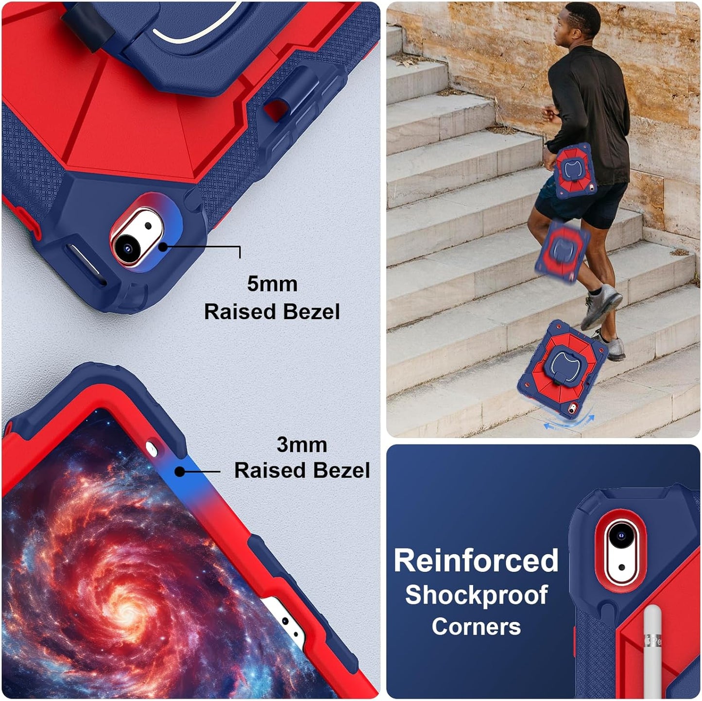 Case for iPad (A16) 11th Generation 11 Inch (2025), iPad 10th Generation Case 10.9 Inch (2022), Shockproof Cover with 360° Rotating Stand Screen Protector Pen Holder Shoulder Strap, Navy Red