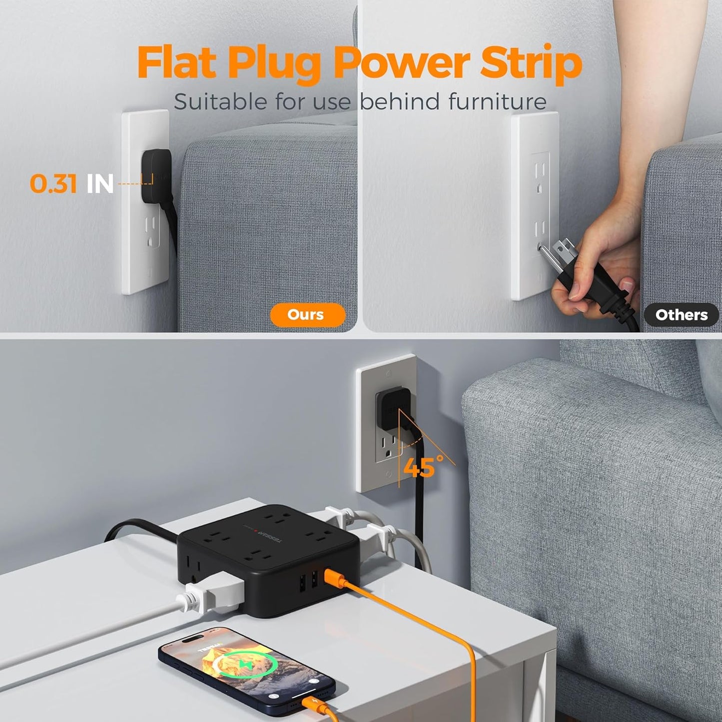 Surge Protector Power Strip, TESSAN 5 FT Black Flat Extension Cord with 8 AC Outlets 3 USB Ports (1 USB C), 900J Protection, 1875W, 3 Sided Wall Plug Extender, Desk Charging Station for Office, Dorm