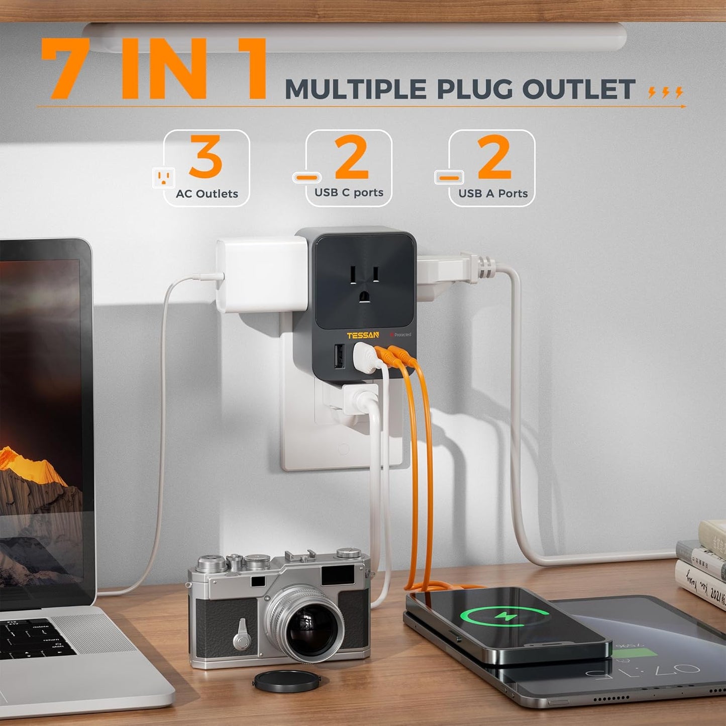 30W Wall Charger, TESSAN Fast Charging Multi Plug Adapter with 3 Outlet Extender Surge Protector, Multiple Plug with 4 USB Block Power Delivery (2 USB C Ports) for Home Office Essentials