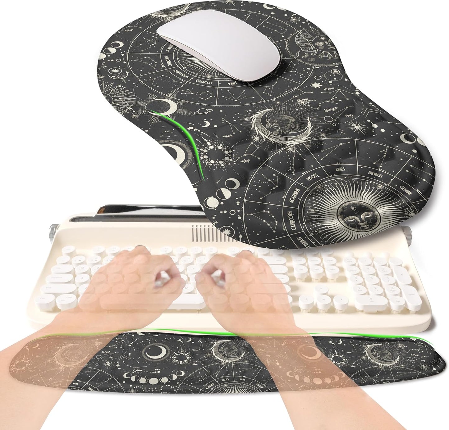 2-in-1 Ergonomic Set, Wave Rise Keyboard Wrist Rest and Massage Bulge Slope Mouse Pad Wrist Support, Cushion Memory Foam Integrated to Relieve Wrist Pain, Constellation