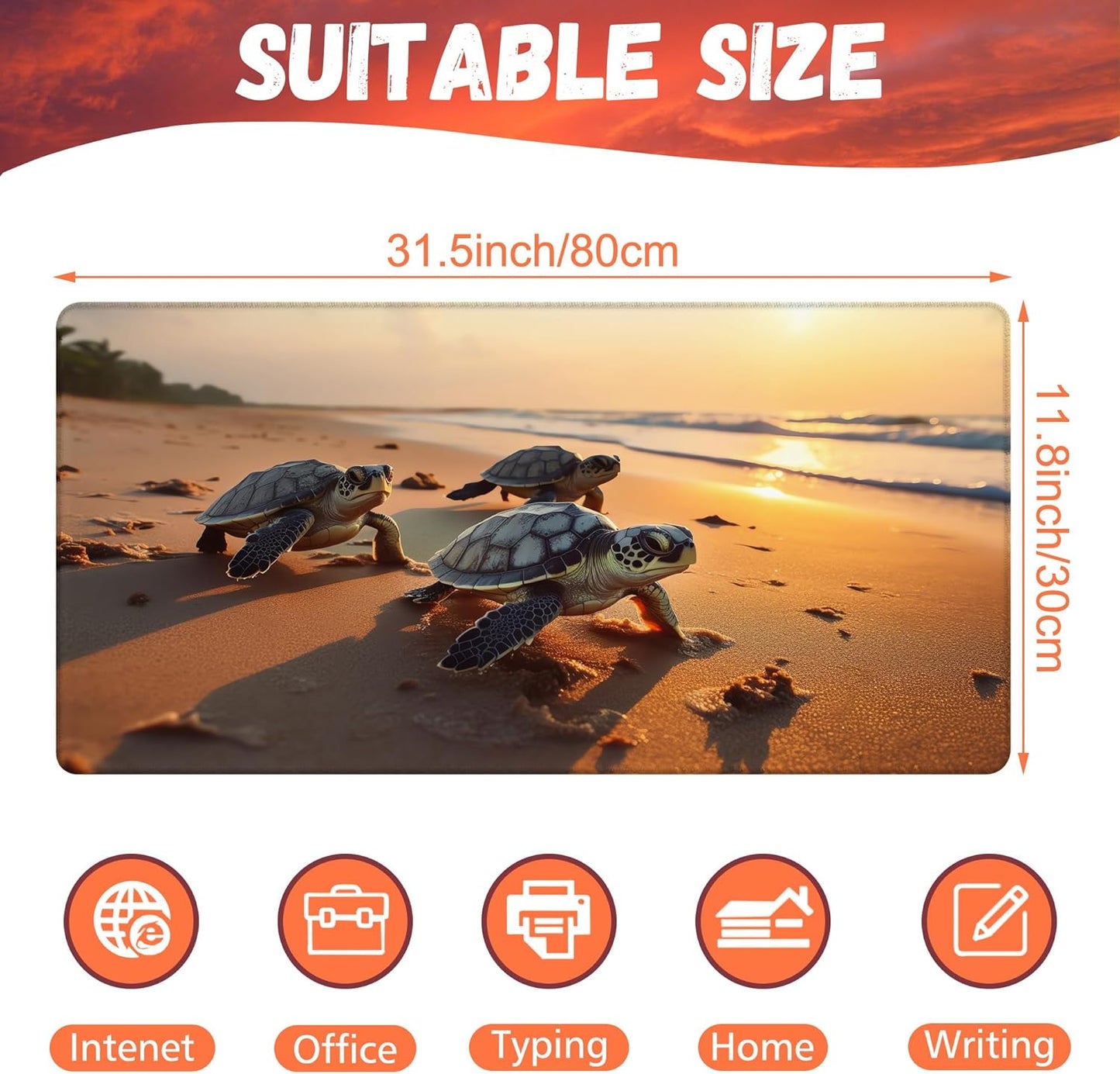 Large Gaming Mouse Pad for Desk, Baby Turtles On Beach Desk Mat, Cute Sea Turtle Desk Pad, 31.5"x15.7" Extended Big Computer Keyboard Mouse Pad with Non-Slip Base and Stitched Edge