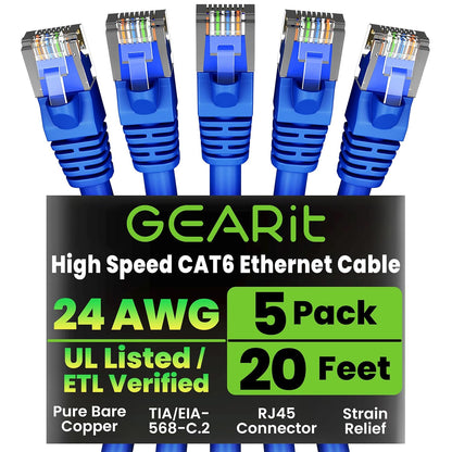 GEARit Cat 6 Ethernet Cable Pack - 5-Pack 20 ft Cat6 Ethernet Patch Cables | RJ45 Network Patch Cable, 10 Gbps Snagless Gold-Plated Connectors - Ethernet Cable Cat 6 for PC, TV, Router - Blue