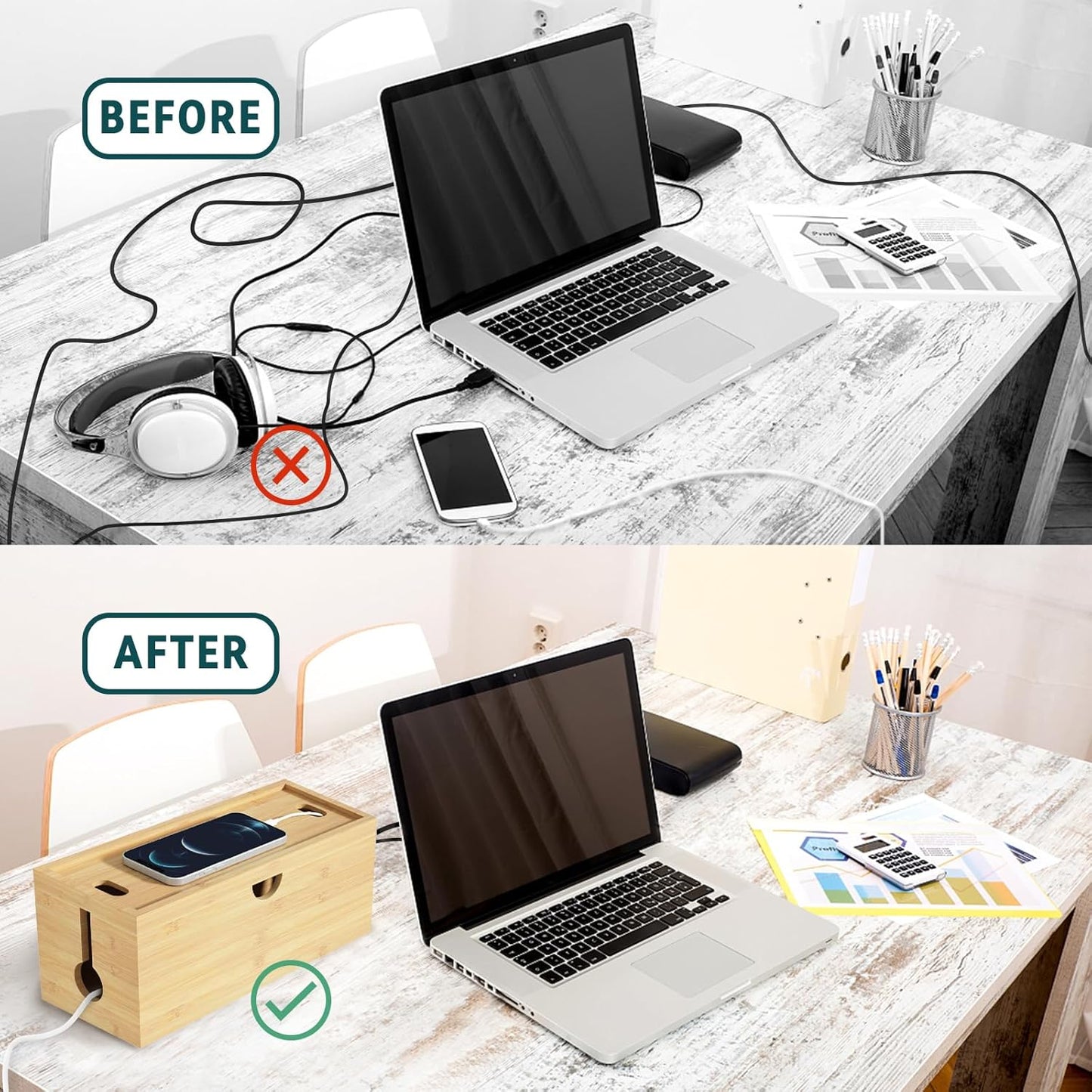 Bamboo Cable Management Box, Medium Cord Organizer Box Cable Box to Hide Wires & Power Strips for Desktop Storage Cord Holder for Office Home,No Assembley Required