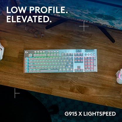 Logitech G915 X Lightspeed Wireless Mechanical Gaming Keyboard, Double-Shot PBT Keycaps, Fully Programmable Keys, RGB Backlit Mac/PC Gaming Keyboards, Aluminum Finish, GL Tactile Switches, White