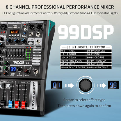 Audio Mixer, TKLBLS Professional 8 Channel DJ Mixer Board with 99-Bit DSP, Sound Board Mixing Console 7-Band EQ Output, USB Audio Interface, Bluetooth 48V Phantom Power For Karaoke Studio Streaming