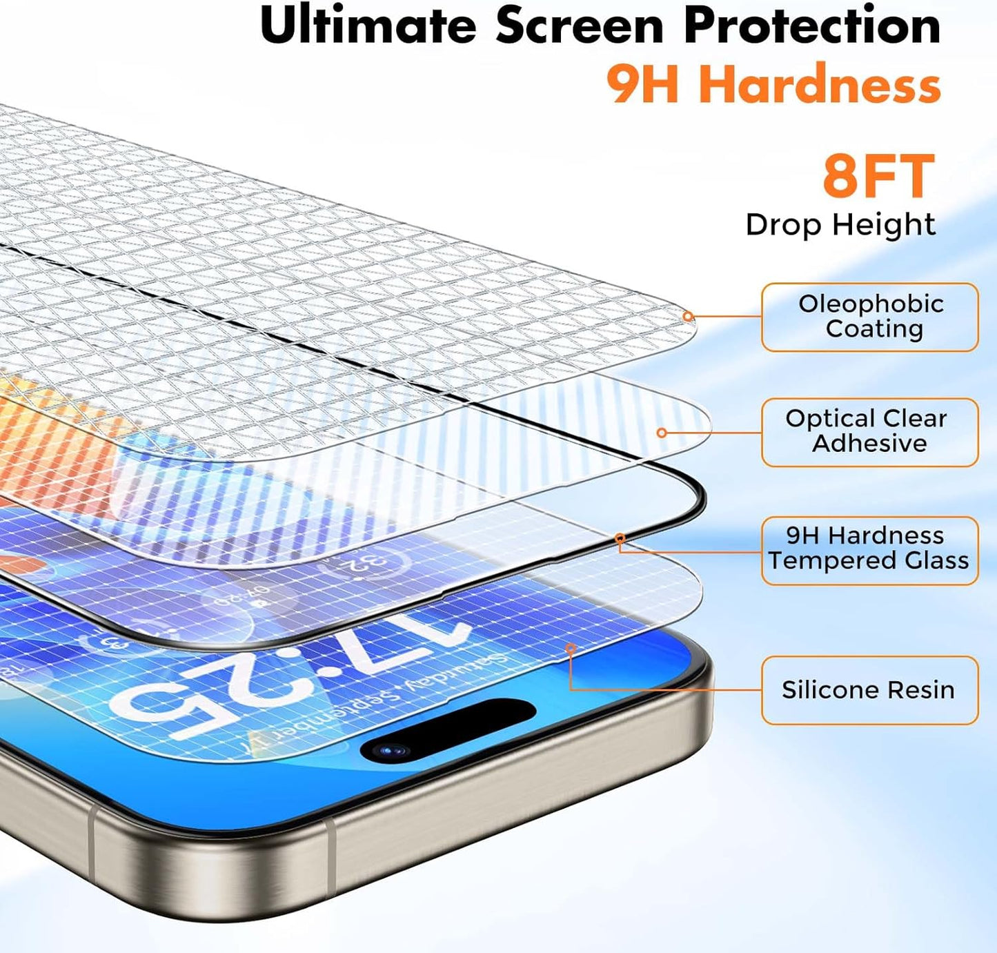 UNBREAKcable 3-Pack Glass for iPhone 15 Pro Screen Protector, Double Shatterproof Tempered Glass [Easy Installation Frame] [9H Hardness] [Full Coverage] [HD Clear] for iPhone 15Pro 6.1 inch