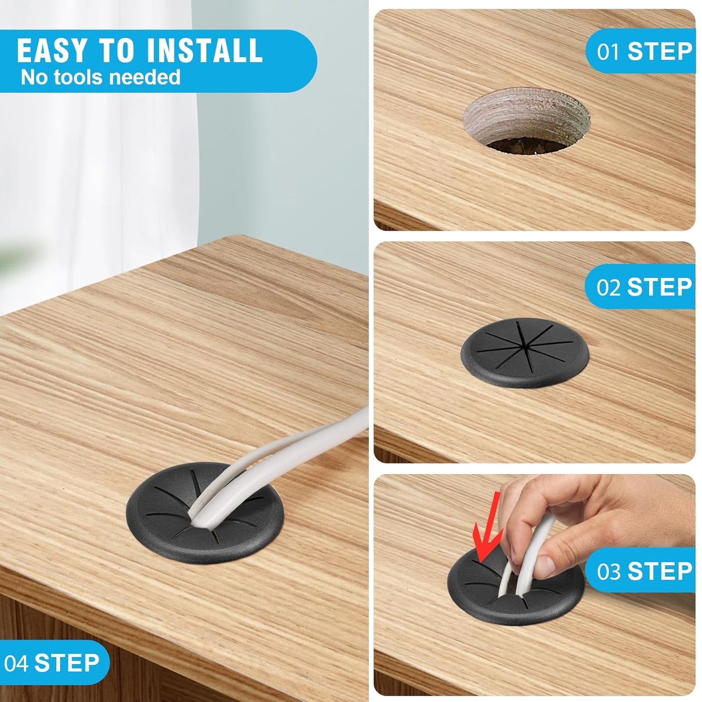 2-3/8" Black Desk Grommet, JTemgle Flexible Cable Grommet Rubber Cable Hole Cover Wire Organizer Caps Desktop Cord Management for Home Office TV Stands Tabletops, 2 Pieces