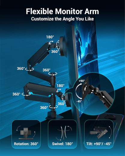 Dual Monitor Arm for 13-49 Inch Ultrawide Screens, Heavy Duty Monitor Mount for 2 Monitors up to 44lbs, Full Motion Vertical Stacked Dual Monitor Arm Desk Mount, 75/100mm VESA Mount, Black