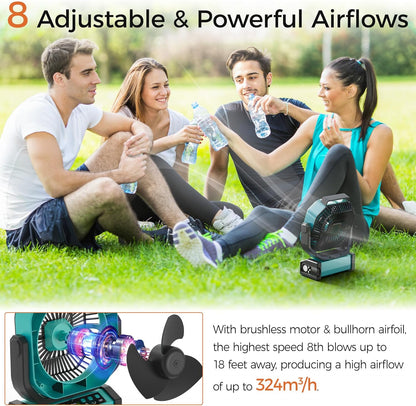 Camping Fan with Light - 20000mAh Rechargeable Battery Fan, 112Hrs Max Run Time, 8 Speeds, Digital Display, Timer, Auto Oscillation, 270° Pivot & Hook for Camping, Power Outage, Hurricane (Blue)