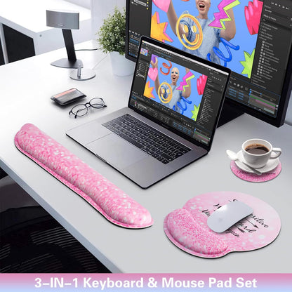 Mouse Pad with Wrist Rest Set Pink, 3-in-1 Wrist Support Mousepad Set,Gaming Mat Pad with Anti-Skid Base,Ergonomic Mouse Pad,Memory Foam Keyboard Gel Wrist Rest