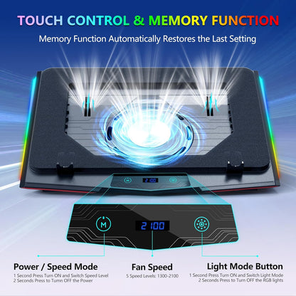 LIANGSTAR Gaming Laptop Cooling Pad, RGB Laptop Cooler with 3 Powerful Turbofans, 5 Height Adjustable Laptop Cooling Stand, 5 Fan Speed Touch Control, Seal Memory Foam for Cooling 12-19.3 inch Laptop