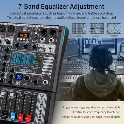 DJ Mixer, TKLBLS Professional 12 Channel Audio Mixer Board with 99-Bit DSP, Sound Board Mixing Console 7-Band EQ Output, USB Audio Interface, Bluetooth 48V Phantom Power For Karaoke Studio Streaming