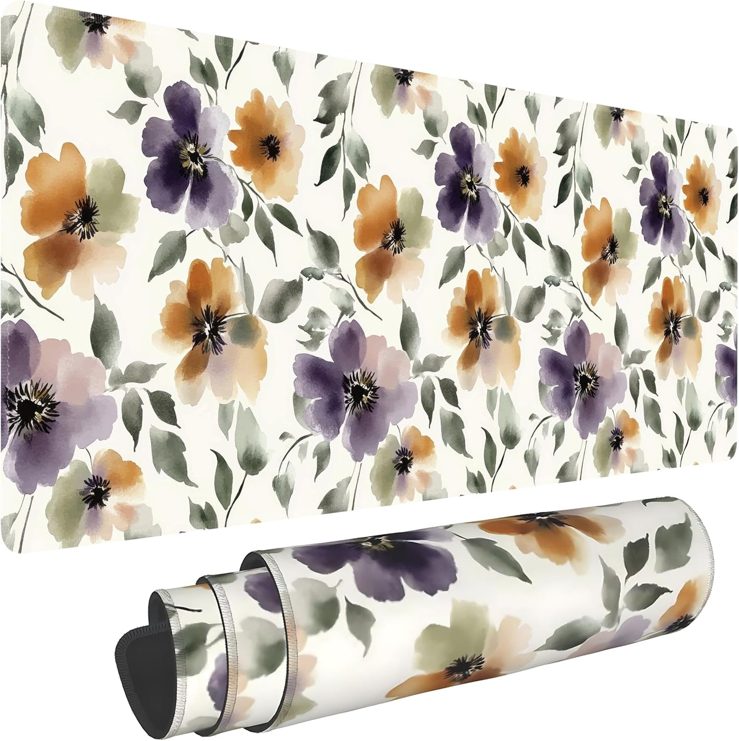 Watercolor Floral Large Mouse Pad,Gaming Keyboard Desk Pad,Extended Mouse Mat Non-Slip Rubber Base with Stitched Edges for Office Game Home XL 31.5"x11.8"