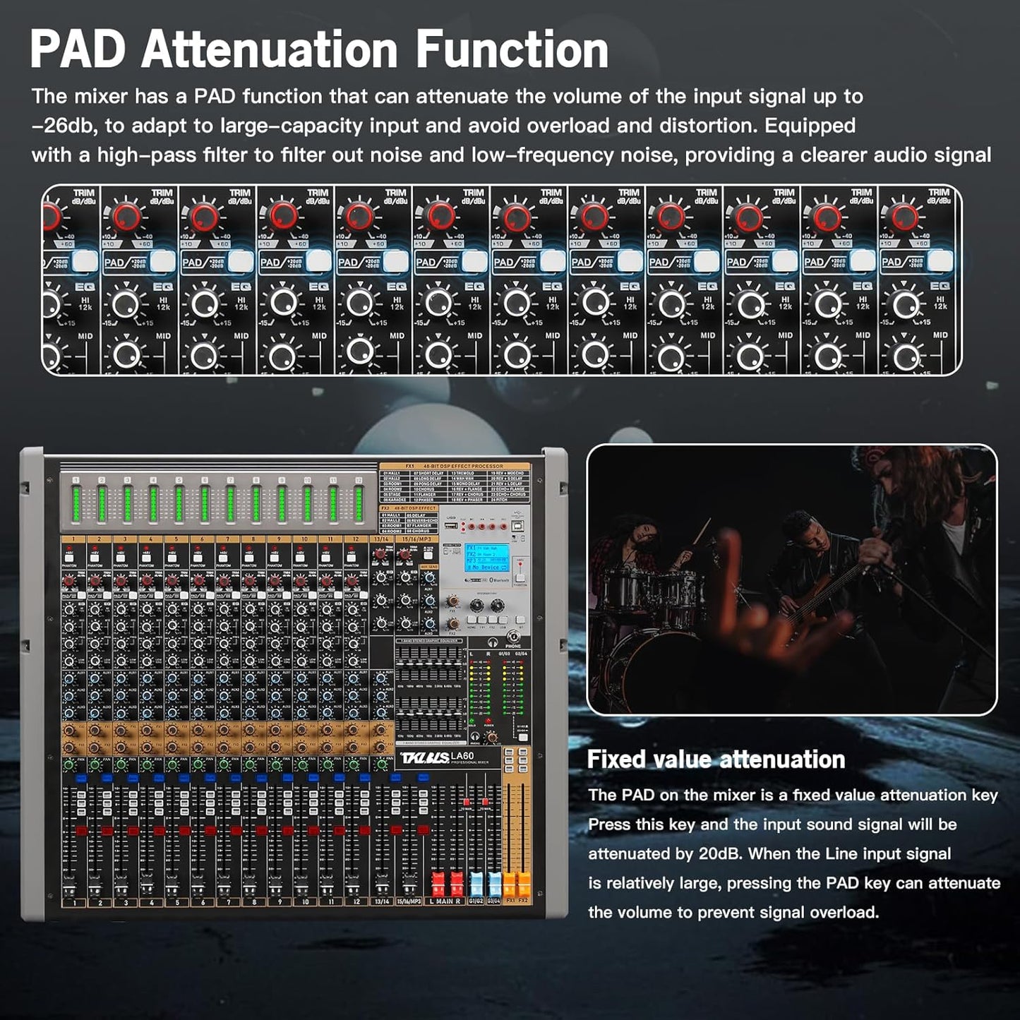 Professional Audio Mixer, 12 Channel Sound Board Mixing Console, Dual DSP Reverb Studio Mixer Board, Dual 7-Band EQ, 48V Phantom Power, 4 Group Stereo Output Input, PAD