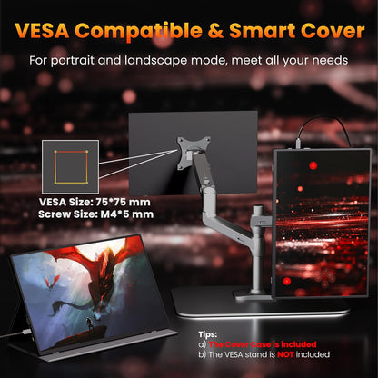 Portable Gaming Monitor 16 Inch QHD 2.5K 2560X1600 16:10 120 Hz Free-Sync 100% sRGB 10 Bit 400 Nits Travel Screen for MacBook, Laptop, PC, Game Consoles, VESA Compatible, with Cover