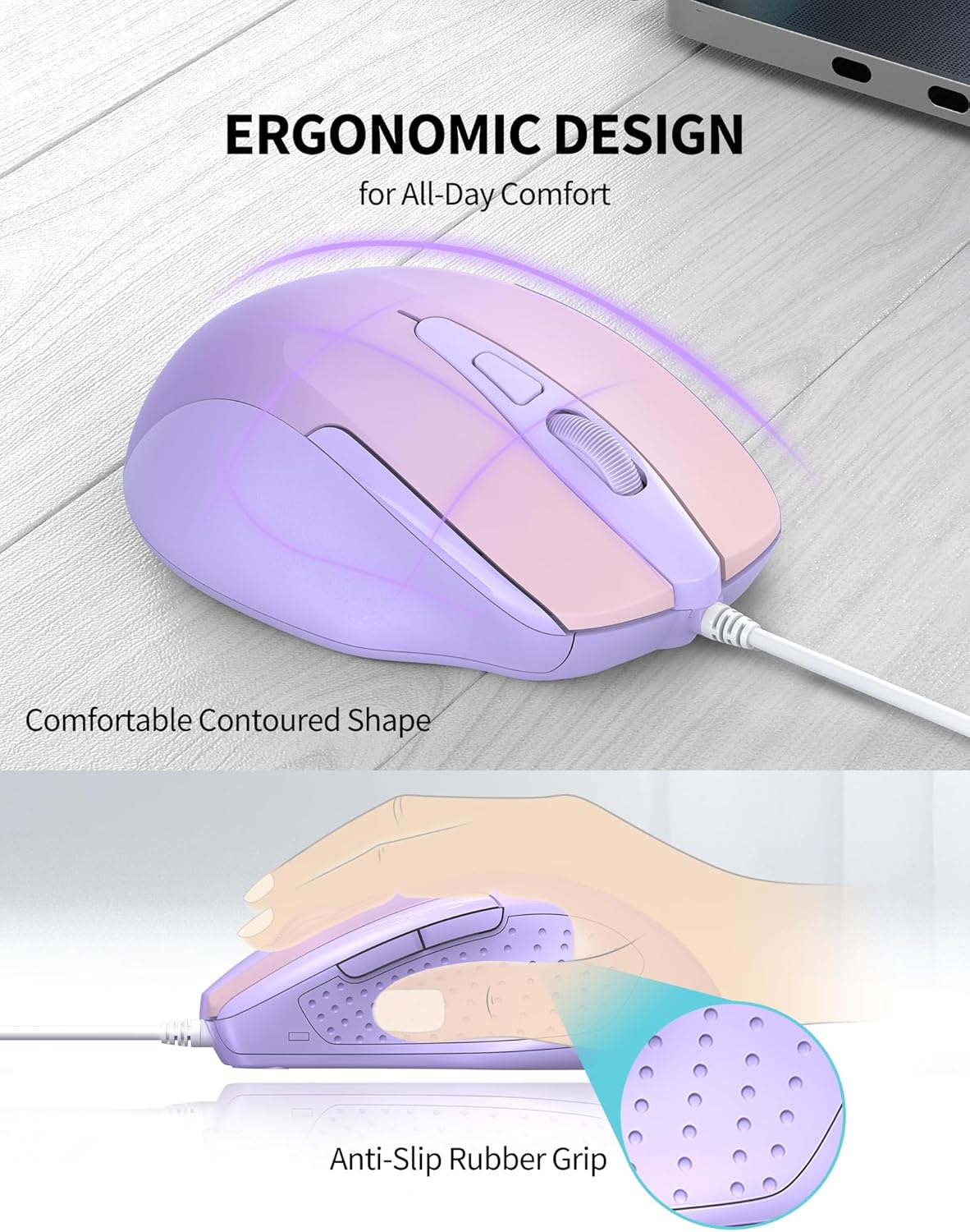 TECKNET Wired Mouse, 6-Button Corded with 4 Adjustable DPI, Optical Ergonomic Design, 5FT Cord for Laptop, Chromebook, PC, Desktop, Mac, Notebook - Gradient Lavender