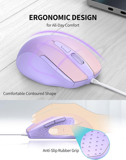 TECKNET Wired Mouse, 6-Button Corded with 4 Adjustable DPI, Optical Ergonomic Design, 5FT Cord for Laptop, Chromebook, PC, Desktop, Mac, Notebook - Gradient Lavender