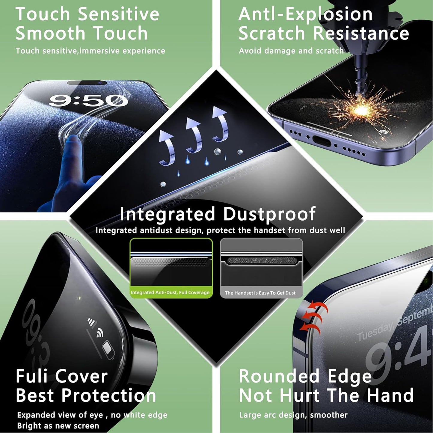 2 Pack Privacy Screen Protector for iPhone 15 Plus and iPhone 14 Pro Max 6.7-Inch Auto Dust Removal, No Bubbles, Anti-Spy Tempered Glass Film, Easy Installation