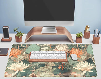Light Emerald and Orange Floral Desk Mat, XXL Large Extended Mouse Pad Gaming Desk Pad, Aesthetic Asian Lotus Flower Big Laptop Keyboard and Mouse Mat for Women Desktop Office Decor 31.5x15.7 in