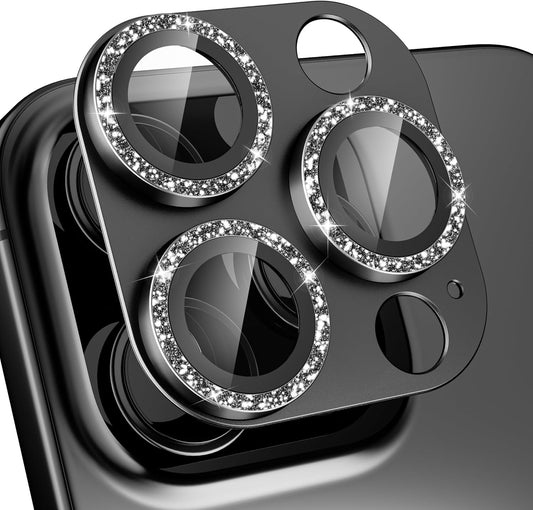 beuxece Compatible for iPhone 16 Pro/iPhone 16 Pro Max Camera Lens Protector, Bling Metal Tempered Glass Camera Screen Cover Accessories [Strong Adsorption][Case-Friendly]- Glitter Titanium Black