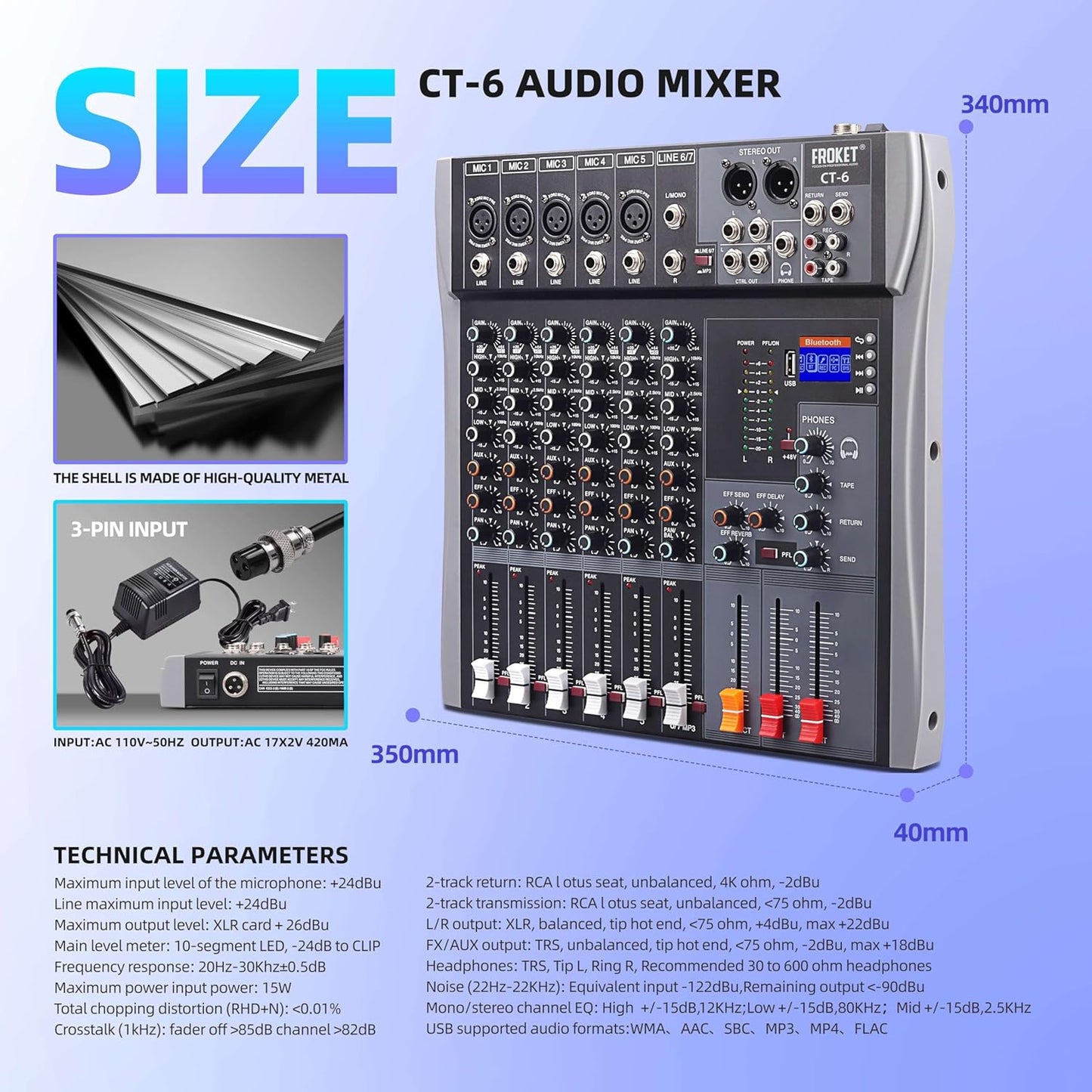 Professional Audio Mixer Sound Board 6 Channel Audio Desk System Interface Digital DJ Console with Bluetooth USB Sound Audio Mixing Console for Karaoke Studio Party Recording Broadcast (CT-6)