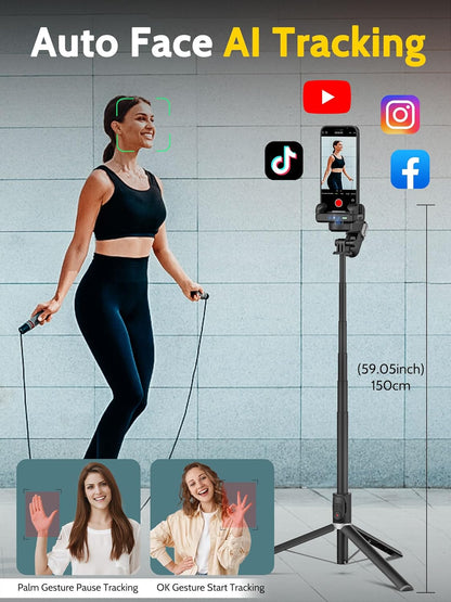 Auto Face Tracking Tripod 360 Rotation w/Stand,Selfie Stick Tripod for iPhone Android w/RGB Light,Remote Control,Phone Stand Follow You for Video Recording for TikTok Vlogging(M2Pro Black)