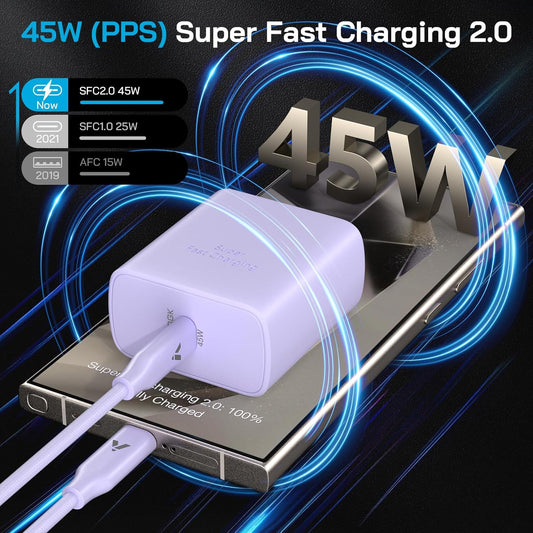 45W Super Fast Charger USB C, 45 Watt Type-C Android Phone Charger Fast Charging Block with 10FT Type C Cords for Samsung Galaxy S25 Ultra/S24 Ultra/S24+/S23 Ultra/S22 Plus/S20,Tab S9/S8 Ultra(Purple)