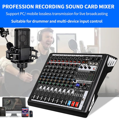 S-10 Audio Mixer 10 channel 8 channel Professional DJ Mixing Console with Reverb MP3 Player Bluetooth 48V Phantom Power Supply USB Recording for Studio Karaoke Live Music