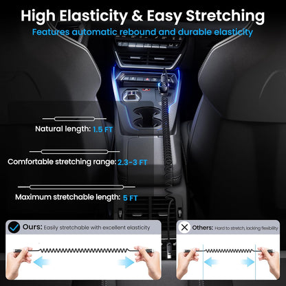 Coiled USB C to USB C Cable 2Pack 3FT Braided Retractable Fast Charging Cable for Car, Compatible with iPhone 16/15 Pro Max/Galaxy S24/S23/S22, Supports Car Play & Android Auto-Black