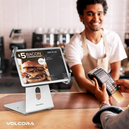 Volcora Anti-Theft Tablet Stand iPad Security Holder with Lock, Silver 10-13 Inch Kiosk Stand Mount, Swivel, Adjustable, for iPad Pro, Air, POS Register, Retail Business, Checkout, Cashier