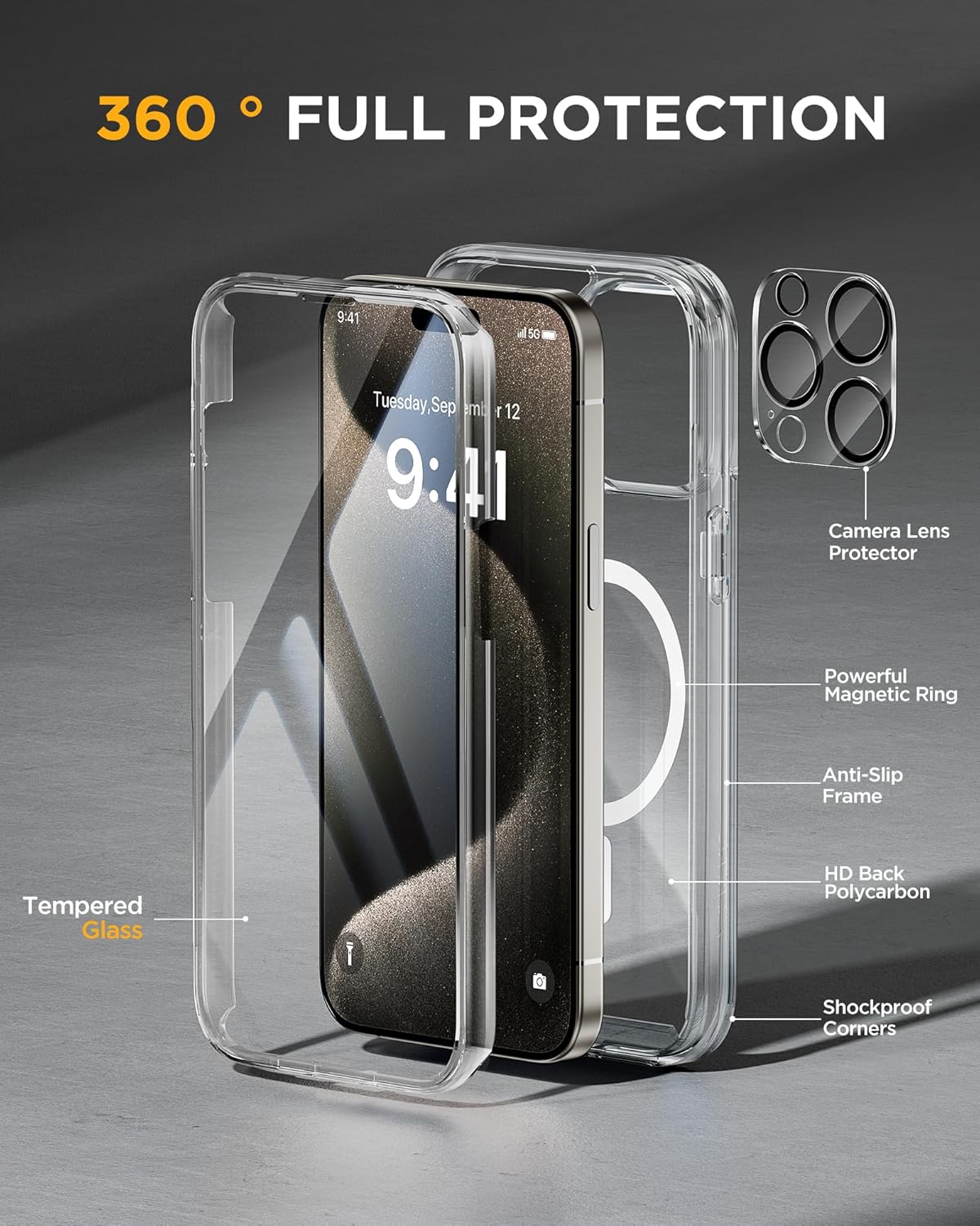 Miracase Magnetic for iPhone 15 Pro Case Full-Body Bumper Phone case with Built-in Glass Screen Protector& Camera Protector, [Compatible with MagSafe] Military Drop Proof 15 Pro Cover 6.1 inch,Clear