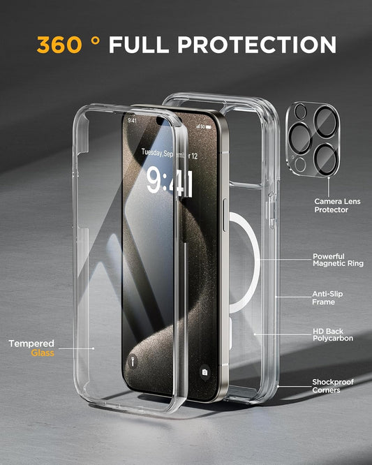 Miracase Magnetic for iPhone 15 Pro Case Full-Body Bumper Phone case with Built-in Glass Screen Protector& Camera Protector, [Compatible with MagSafe] Military Drop Proof 15 Pro Cover 6.1 inch,Clear