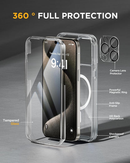 Miracase Magnetic for iPhone 15 Pro Max Case 6.7'' [Compatible with Magsafe] Full-Body Drop Proof Bumper Phone Case for iPhone 15 Pro Max with Built-in 9H Tempered Glass Screen Protector,Clear