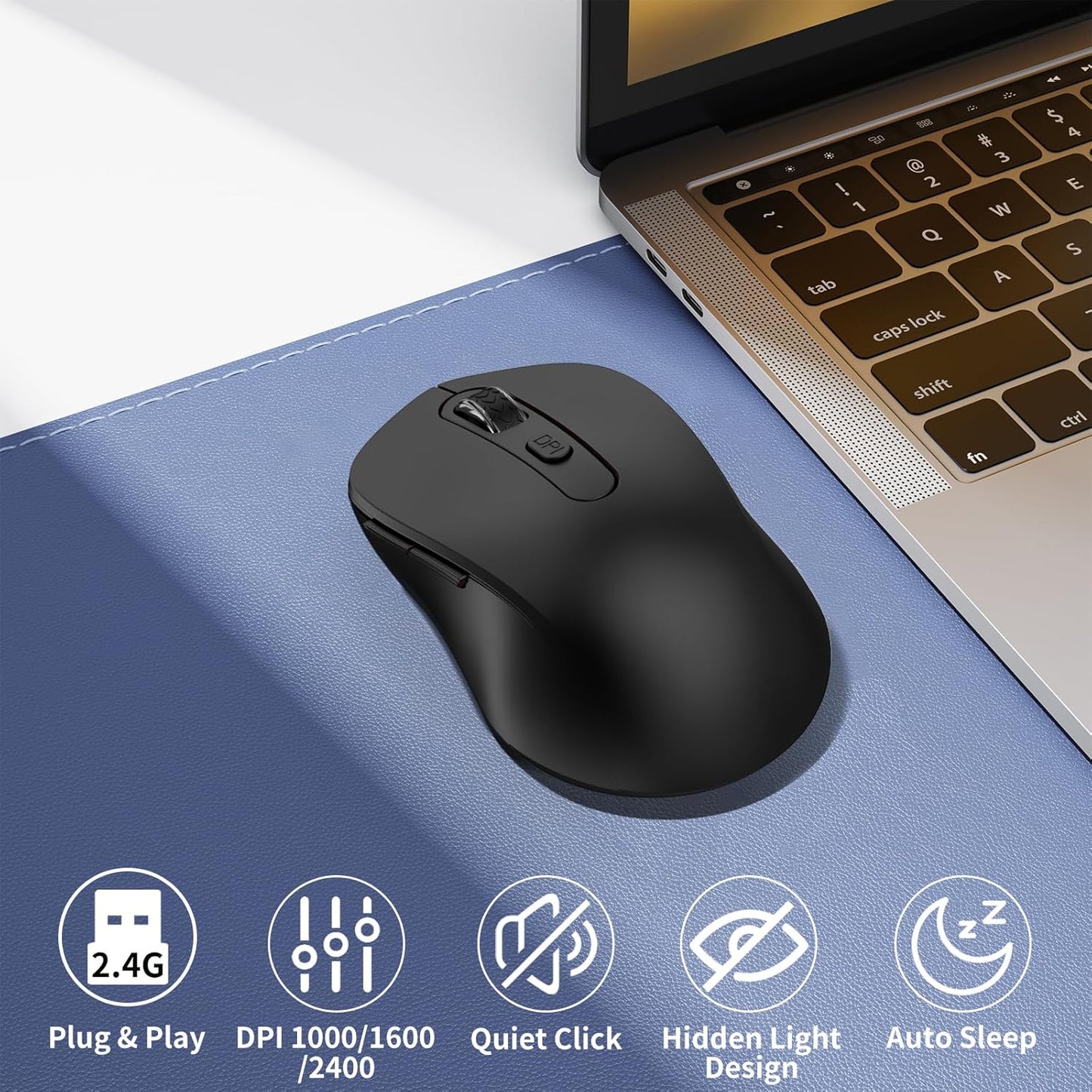 Wireless Mouse for Laptop, PC, Chromebook, Mac, MacBook, Silent Wireless Mouse with USB Nano Receiver, Side Button, 2400 DPI, Anti Slip Roller, 6 Button Ergonomics Cordless Computer Mice - Black